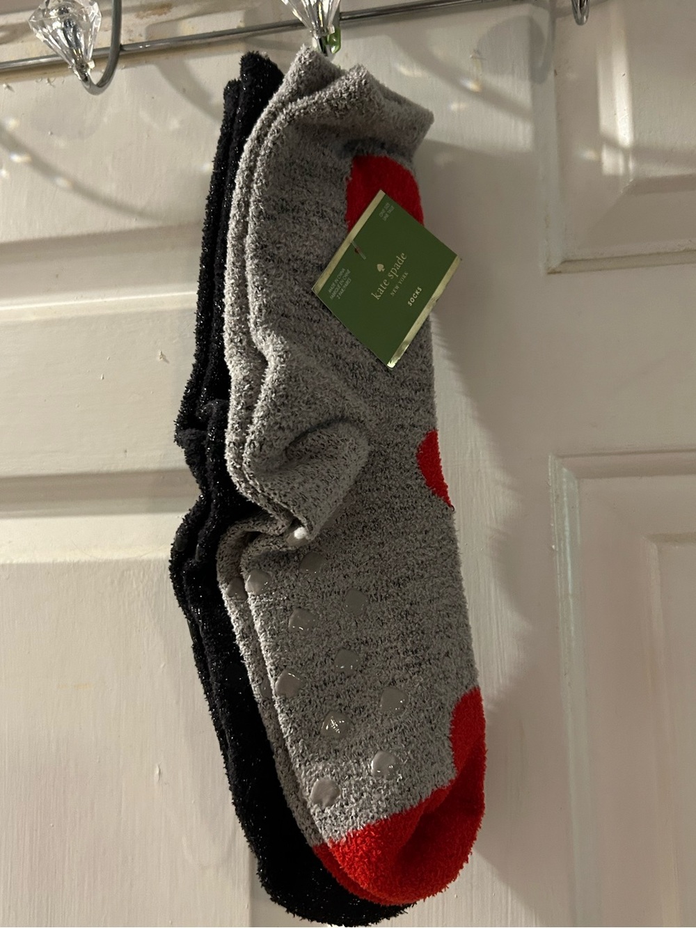 kate spade Gray Fuzzy Socks with Red Toe & Heart Accents - Women's Casual